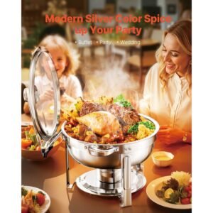 chafing dish buffet set, 5 qt 2 pack, stainless steel chafer with 2 full size pan, round catering warmer server with glass lid water pan folding stand fuel holder, silver