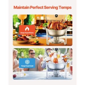 chafing dish buffet set, 5 qt 2 pack, stainless steel chafer with 2 full size pan, round catering warmer server with glass lid water pan folding stand fuel holder, silver