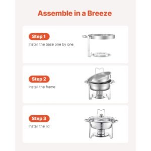 chafing dish buffet set, 5 qt 2 pack, stainless steel chafer with 2 full size pan, round catering warmer server with glass lid water pan folding stand fuel holder, silver