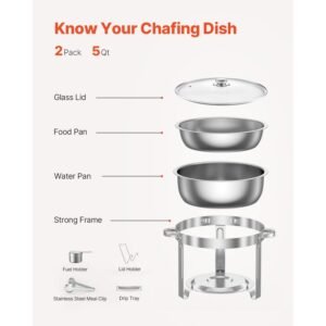 chafing dish buffet set, 5 qt 2 pack, stainless steel chafer with 2 full size pan, round catering warmer server with glass lid water pan folding stand fuel holder, silver