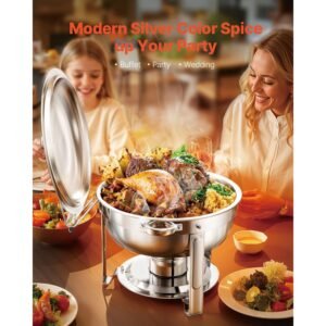 chafing dish buffet set, 5 qt 2 pack, stainless steel chafer with 2 full size pans, round catering warmer server with lid water pan folding stand clip, for weddings parties banquets, silver