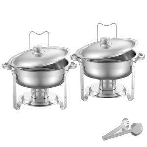Chafing Dish Buffet Set, 5 Qt 2 Pack, Stainless Steel Chafer with 2 Full Size Pans, Round Catering Warmer Server with Lid Water Pan Folding Stand Clip, for Weddings Parties Banquets, Silver