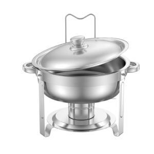 chafing dish buffet set, 5 qt 2 pack, stainless steel chafer with 2 full size pans, round catering warmer server with lid water pan folding stand clip, for weddings parties banquets, silver