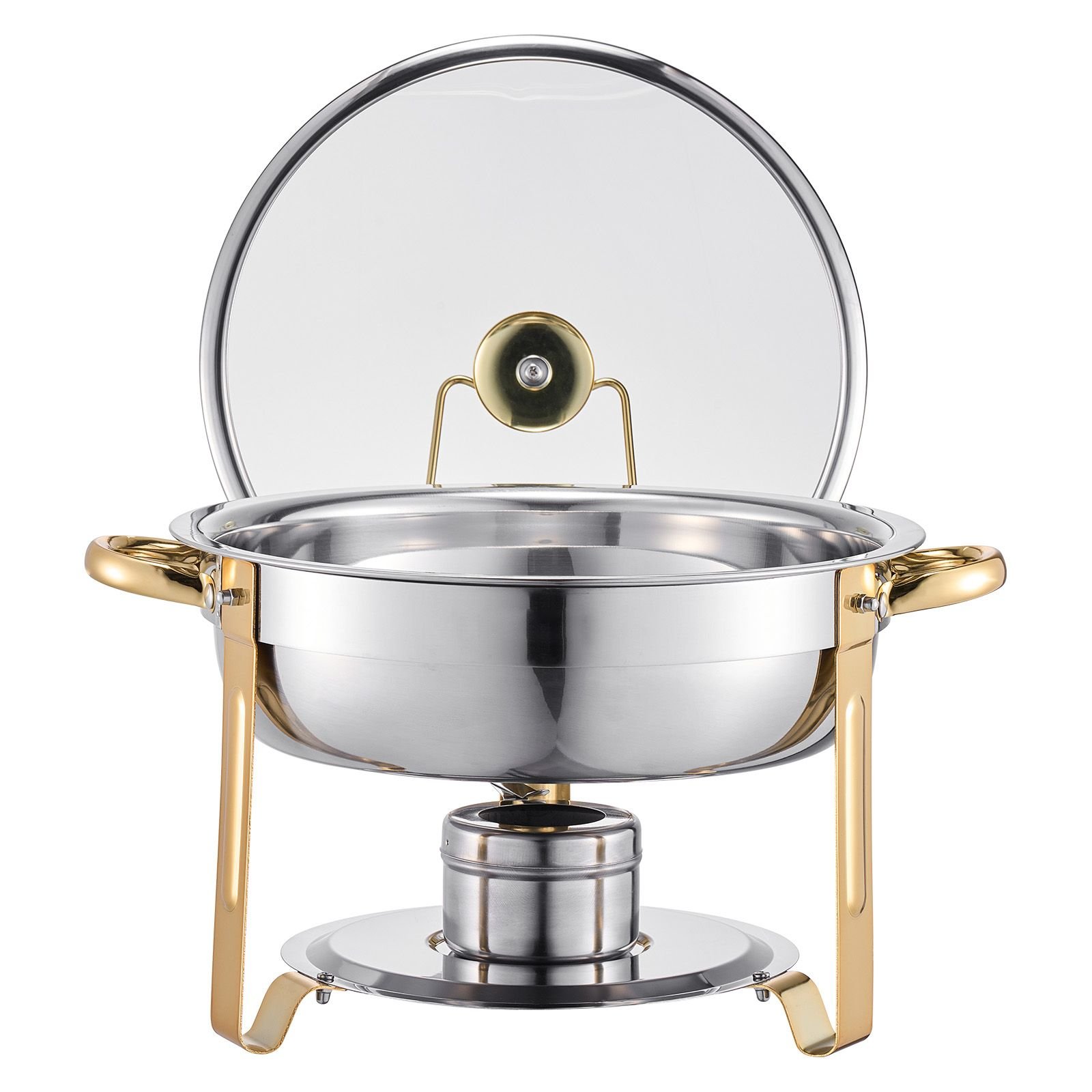 chafing dish buffet set, 5 qt 4 pack, stainless steel chafer with 4 full size pan, round catering warmer server with glass lid water pan folding stand fuel holder, gold