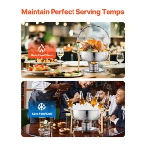 chafing dish buffet set, 5 qt 4 pack, stainless steel chafer with 4 full size pan, round catering warmer server with glass lid water pan folding stand fuel holder, gold