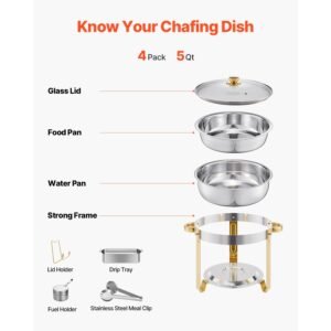 chafing dish buffet set, 5 qt 4 pack, stainless steel chafer with 4 full size pan, round catering warmer server with glass lid water pan folding stand fuel holder, gold