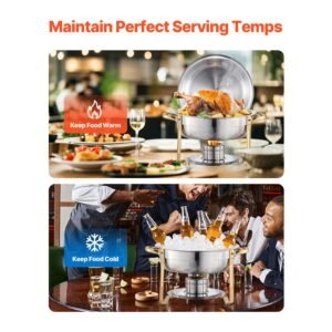 chafing dish buffet set, 5 qt 4 pack, stainless steel chafer with 4 full size pans, round catering warmer server with lid water pan folding stand clip, for weddings parties banquets, gold