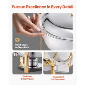 chafing dish buffet set, 5 qt 4 pack, stainless steel chafer with 4 full size pans, round catering warmer server with lid water pan folding stand clip, for weddings parties banquets, gold