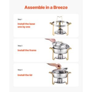 chafing dish buffet set, 5 qt 4 pack, stainless steel chafer with 4 full size pans, round catering warmer server with lid water pan folding stand clip, for weddings parties banquets, gold