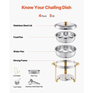 chafing dish buffet set, 5 qt 4 pack, stainless steel chafer with 4 full size pans, round catering warmer server with lid water pan folding stand clip, for weddings parties banquets, gold