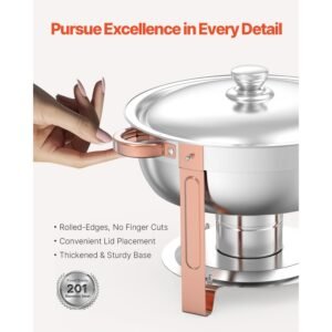 chafing dish buffet set, 5 qt 4 pack, stainless steel chafer with 4 full size pans, round catering warmer server with lid water pan folding stand clip, for weddings parties banquets, rose gold