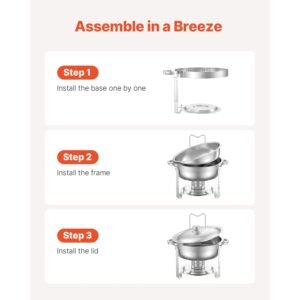 chafing dish buffet set, 5 qt 4 pack, stainless steel chafer with 4 full size pans, round catering warmer server with lid water pan folding stand clip, for weddings parties banquets, silver