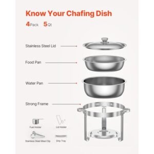 chafing dish buffet set, 5 qt 4 pack, stainless steel chafer with 4 full size pans, round catering warmer server with lid water pan folding stand clip, for weddings parties banquets, silver