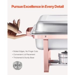 chafing dish buffet set, 8 qt 2 pack, stainless steel chafer with 2 full size pans, rectangle catering warmer server with lid water pan stand fuel holder, for wedding party banquet, rose gold