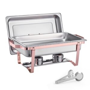 chafing dish buffet set, 8 qt 2 pack, stainless steel chafer with 2 full size pans, rectangle catering warmer server with lid water pan stand fuel holder, for wedding party banquet, rose gold