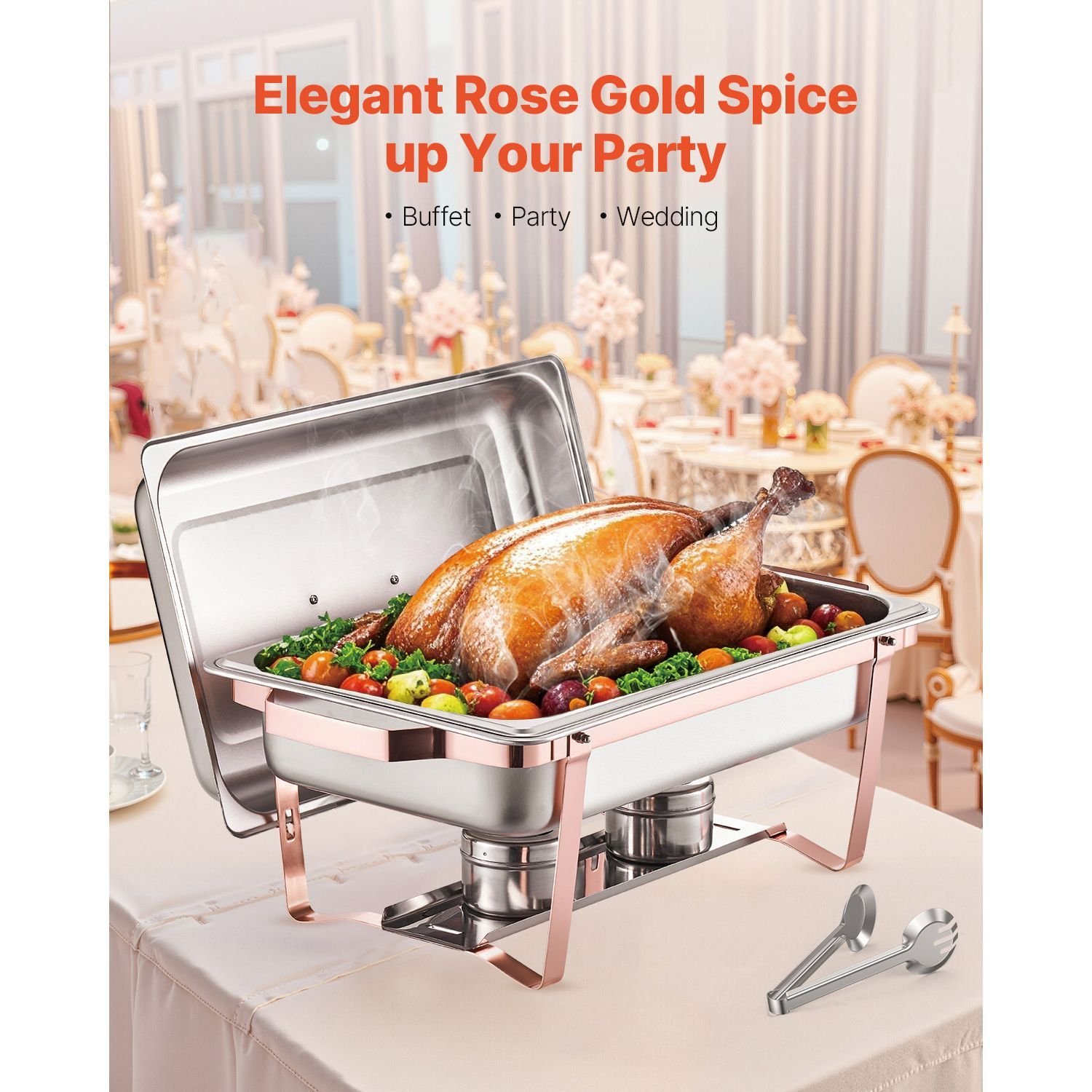 chafing dish buffet set, 8 qt 2 pack, stainless steel chafer with 2 full size pans, rectangle catering warmer server with lid water pan stand fuel holder, for wedding party banquet, rose gold