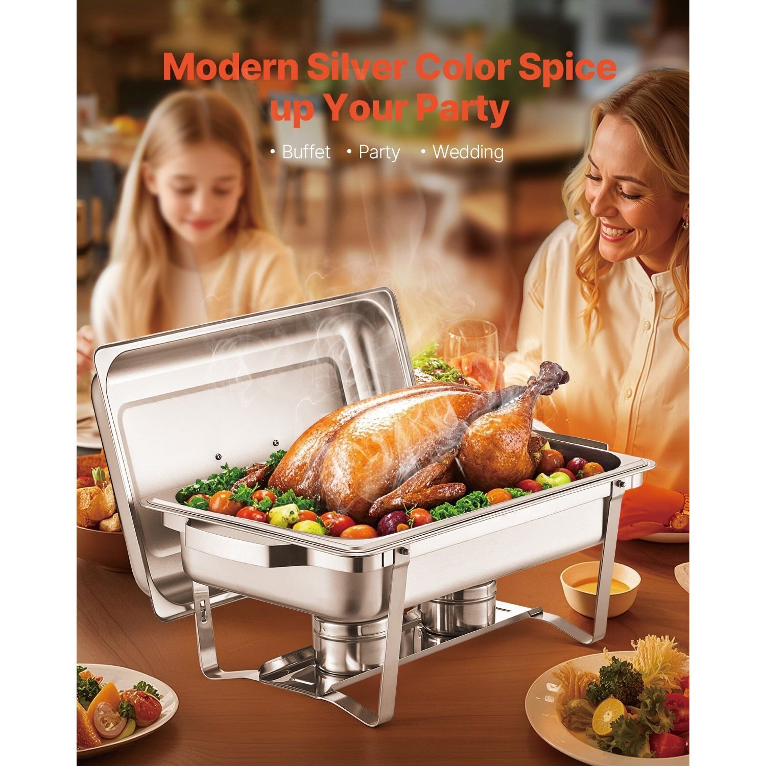chafing dish buffet set, 8 qt 2 pack, stainless steel chafer with 2 full size pans, rectangle catering warmer server with lid water pan stand fuel holder, for weddings parties banquets, silver