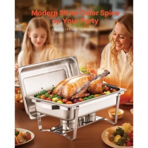 chafing dish buffet set, 8 qt 4 pack, stainless steel chafer with 4 full size pans, rectangle catering warmer server with lid water pan stand fuel holder, for weddings parties banquets, silver