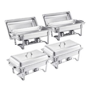 Chafing Dish Buffet Set, 8 Qt 4 Pack, Stainless Steel Chafer with 4 Full Size Pans, Rectangle Catering Warmer Server with Lid Water Pan Stand Fuel Holder, for Weddings Parties Banquets, Silver