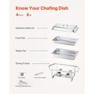 chafing dish buffet set, 8 qt 4 pack, stainless steel chafer with 4 full size pans, rectangle catering warmer server with lid water pan stand fuel holder, for weddings parties banquets, silver