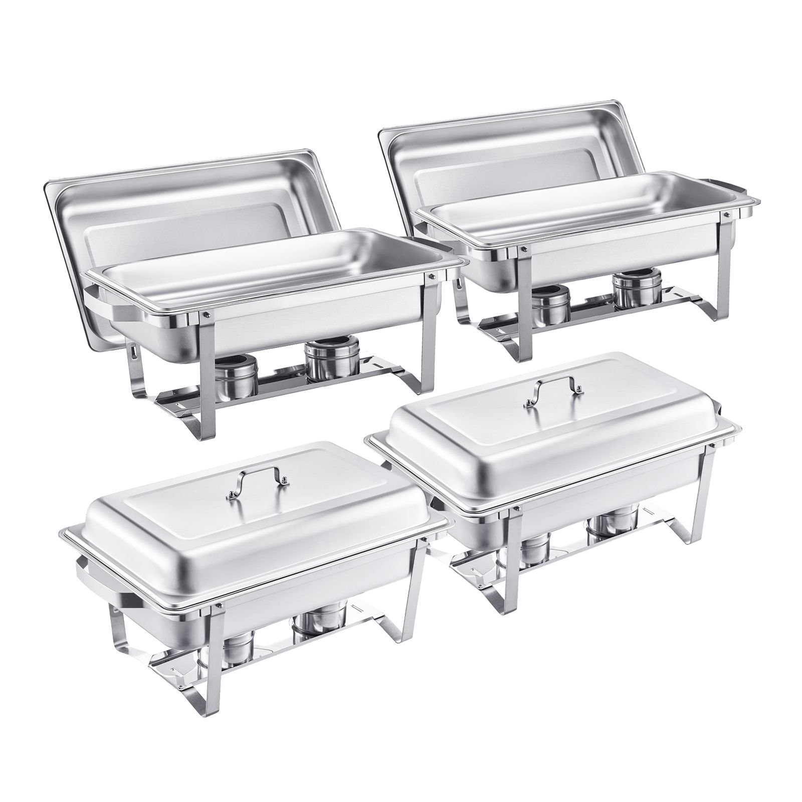 chafing dish buffet set, 8 qt 4 pack, stainless steel chafer with 4 full size pans, rectangle catering warmer server with lid water pan stand fuel holder, for weddings parties banquets, silver