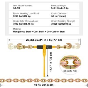 chain and binder kit, 3/8" 1/2" ratchet load binders 9200 lbs working load limit, 3/8" x 10' g80 chains with grab hooks, ratchet binders and chains for truck, tie down, hauling, towing, 2 set