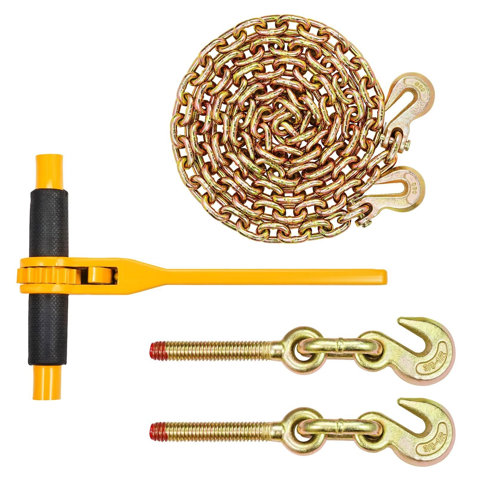 chain and binder kit, 3/8" 1/2" ratchet load binders 9200 lbs working load limit, 3/8" x 10' g80 chains with grab hooks, ratchet binders and chains for truck, tie down, hauling, towing, 2 set