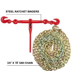 chain and binder kit 3/8in 1/2in, ratchet load binders 9215lbs working strength, ratchet binders and chains, 3/8in x 10ft chains with g70 hooks, for truck, tie down, hauling, towing