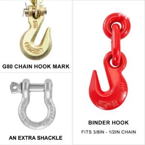 chain and binder kit 3/8in 1/2in, ratchet load binders 9215lbs working strength, ratchet binders and chains, 3/8in x 10ft chains with g70 hooks, for truck, tie down, hauling, towing