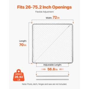 chain link fence gate, 70 x 72 in, adjustable chain link fence panel, fit 3 ft (w) x 4 ft (h) garden fence gate opening, rust resistant galvanized fencing gate for farm posts not included
