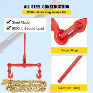 chain load binder, 5/16" tie down kit with 5400lbs working load capacity and two grab hooks, includes (4) ratchet binders (4) 21' grade 80 chains, transport load package for hauling, towing