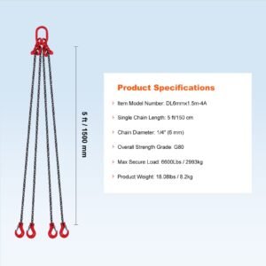 Chain Sling, 1/4 inch x 5 ft Lifting Chains with Hooks, G80 Engine Chain Hoist Lifts, 6600 lbs/3 Ton Lifting Sling Chains for Engine Hoist, Engine Lift Chain with 4 Leg Grab Hooks and Adjusters