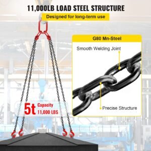 chain sling, 5/16 inch x 10 ft lifting chains with hooks, g80 engine chain hoist lifts, 11000 lbs/5 ton capacity lifting sling chains for engine hoist, engine lift chain with 4 leg grab hooks