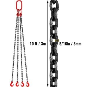 chain sling, 5/16 inch x 10 ft lifting chains with hooks, g80 engine chain hoist lifts, 11000 lbs/5 ton capacity lifting sling chains for engine hoist, engine lift chain with 4 leg grab hooks