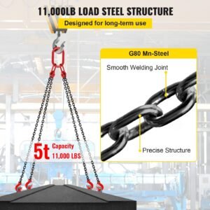 chain sling, 5/16 inch x 5 ft lifting chains with hooks, g80 engine chain hoist lifts, 11000 lbs/5 ton capacity lifting sling chains for engine hoist, engine lift chain with 4 leg grab hooks