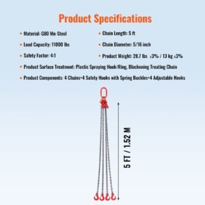 chain sling, 5/16 inch x 5 ft lifting chains with hooks, g80 engine chain hoist lifts, 11000 lbs/5 ton lifting sling chains for engine hoist, engine lift chain with 4 leg grab hooks & adjusters