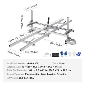 chainsaw mill and rail mill guide system, portable sawmill 14" 36" guide bar, 9ft aluminum saw milling rail guide with chainsaw planking mill for woodworkers and carpenters
