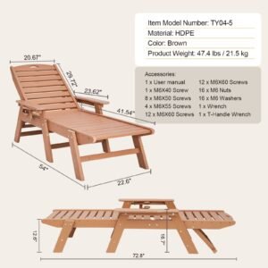 chaise lounge chair, 400 lbs weight capacity, 6 positions adjustable patio lounge chair, outdoor hdpe lounge chair with backrest & cup holder, for pool poolside deck backyard lawn, brown