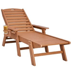 chaise lounge chair, 400 lbs weight capacity, 6 positions adjustable patio lounge chair, outdoor hdpe lounge chair with backrest & cup holder, for pool poolside deck backyard lawn, brown
