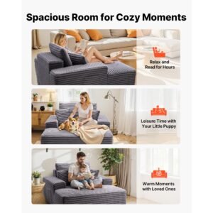 chaise lounge chair, 48 in boneless chaise lounge indoor, modern upholstered oversized reading chair with throw pillows & armrests, sofa couch deep seat sleeper for living room, bedroom, balcony