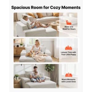 chaise lounge chair, 54 in boneless chaise lounge indoor, modern upholstered oversized reading chair with throw pillows & armrests, sofa couch deep seat sleeper for living room, bedroom, beige
