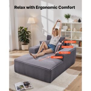 chaise lounge chair, 54 in boneless chaise lounge indoor, modern upholstered oversized reading chair with throw pillows & armrests, sofa couch deep seat sleeper for living room, bedroom, grey