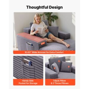 chaise lounge chair, 54 in boneless chaise lounge indoor, modern upholstered oversized reading chair with throw pillows & armrests, sofa couch deep seat sleeper for living room, bedroom, grey