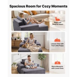 chaise lounge chair, 54 in boneless chaise lounge indoor, modern upholstered oversized reading chair with throw pillows & armrests, sofa couch deep seat sleeper for living room, bedroom, grey