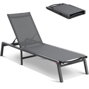 Chaise Lounge Chairs Outdoor, Aluminum Patio Lounge Chairs with Adjustable 5-Position, Folding Pool Lounge Chairs Recliner and Full Flat Tanning Chairs for Patio, Beach, Pool, Dark Grey, 2 pcs