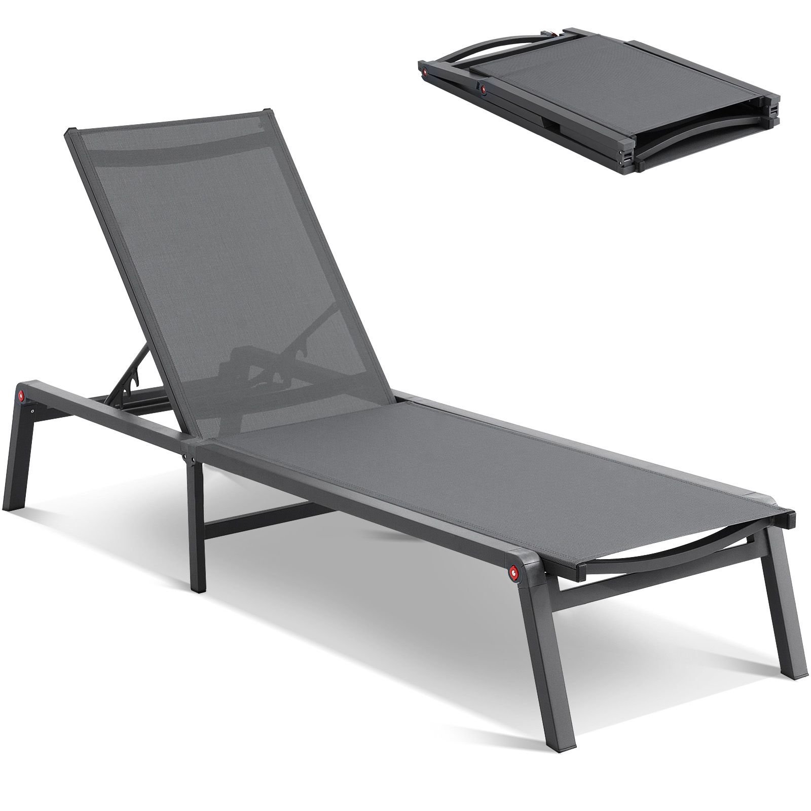chaise lounge chairs outdoor, aluminum patio lounge chairs with adjustable 5 position, folding pool lounge chairs recliner and full flat tanning chairs for patio, beach, pool, dark grey, 2 pcs
