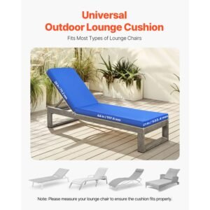 chaise lounge cushion, 72 x 21 x 3 in, outdoor lounge chair cushions, waterproof & fade resistant, sun lounger replacement cushions with ties, patio lounger pads for pool deck lawn, blue