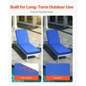 chaise lounge cushion, 72 x 21 x 3 in, outdoor lounge chair cushions, waterproof & fade resistant, sun lounger replacement cushions with ties, patio lounger pads for pool deck lawn, blue