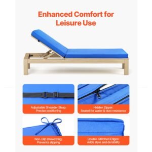 chaise lounge cushion, 72 x 21 x 3 in, outdoor lounge chair cushions, waterproof & fade resistant, sun lounger replacement cushions with ties, patio lounger pads for pool deck lawn, blue