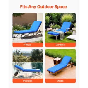 chaise lounge cushion, 72 x 21 x 3 in, outdoor lounge chair cushions, waterproof & fade resistant, sun lounger replacement cushions with ties, patio lounger pads for pool deck lawn, blue